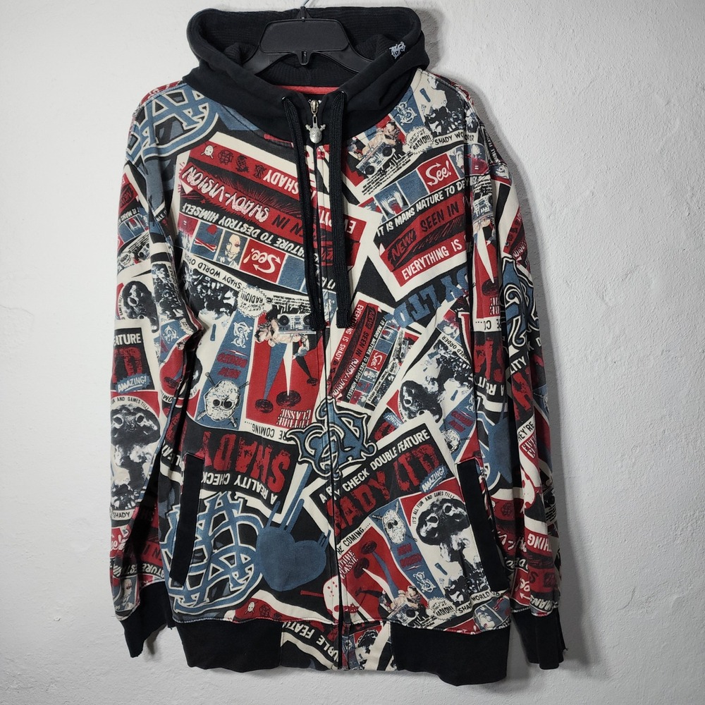 Shady Ltd Zip Hoodie Large Multicolor Graphic Print Thermal Lined Y2K Distressed